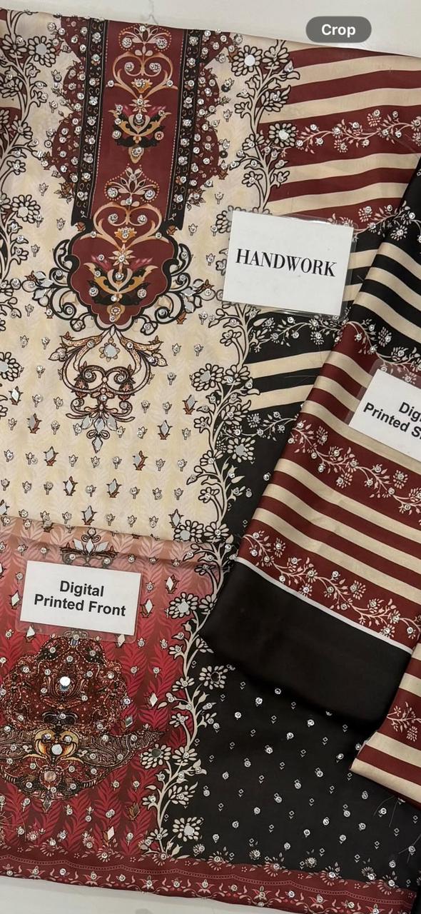 Luxury Shamoz Silk 3-Piece Unstitched Suit – Handwork & Digital Print Emb 2006